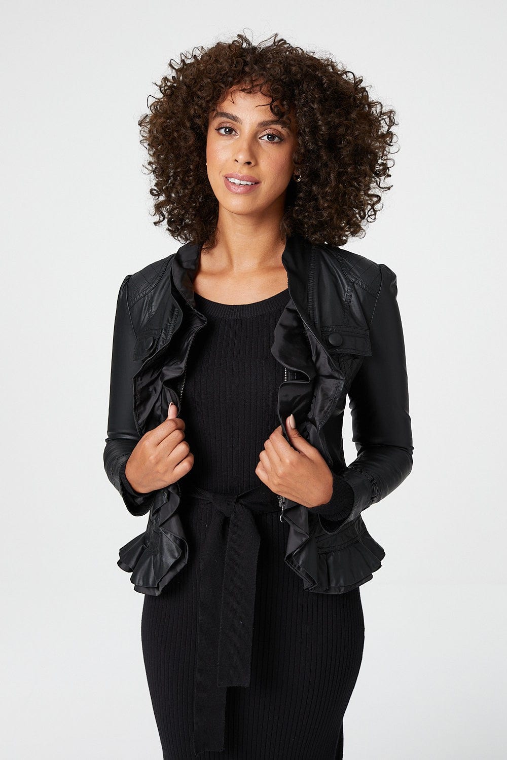 Frilled Front Faux Leather Jacket | Izabel London