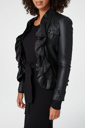 Black | Frilled Front Faux Leather Jacket