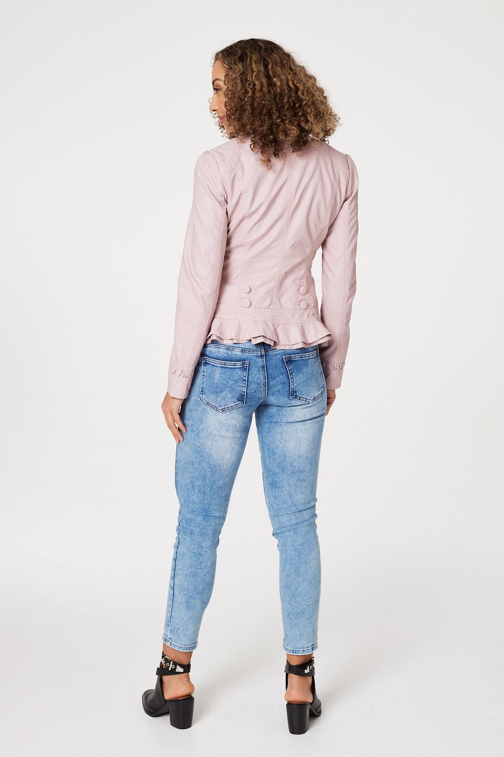 Dusky Pink | Frilled Front Faux Leather Jacket