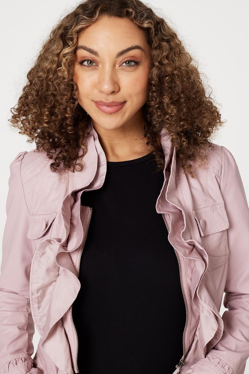 Dusky Pink | Frilled Front Faux Leather Jacket