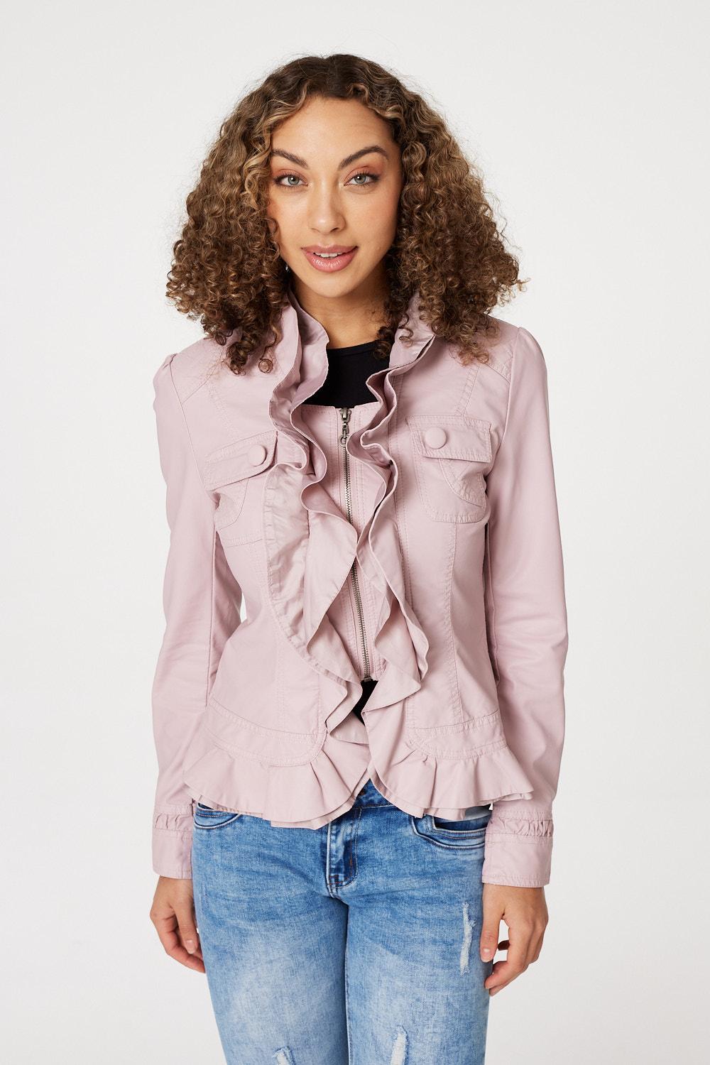 Dusky Pink | Frilled Front Faux Leather Jacket