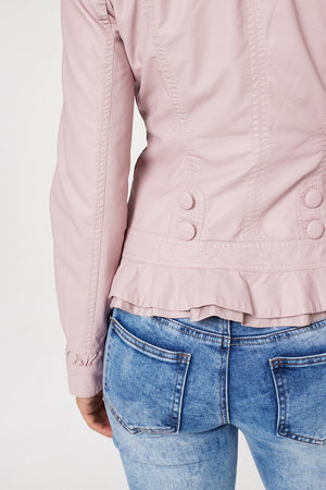 Dusky Pink | Frilled Front Faux Leather Jacket