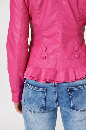 Pink | Frilled Front Faux Leather Jacket
