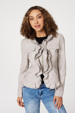 Stone | Frilled Front Faux Leather Jacket