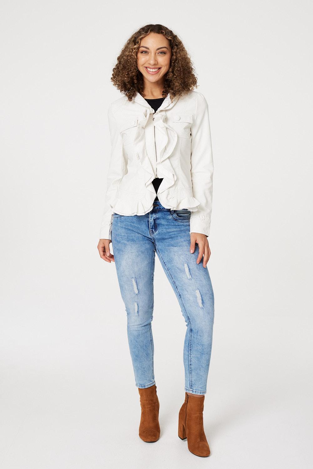 White | Frilled Front Faux Leather Jacket