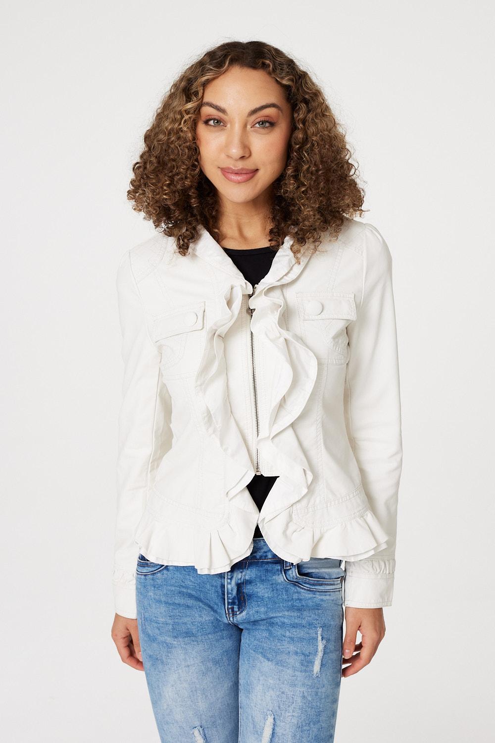 White | Frilled Front Faux Leather Jacket