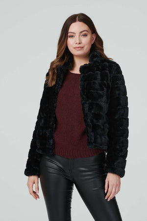Black | Faux Fur Cropped Jacket : Model is 5'9"/175 cm and wears UK8/EU36/US4/AUS8