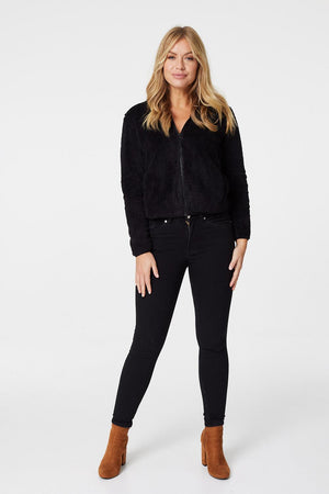 Black | Faux Fur Hooded Bomber Jacket