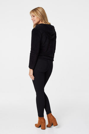 Black | Faux Fur Hooded Bomber Jacket