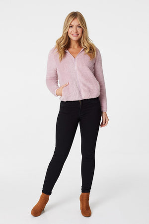 Pink | Faux Fur Hooded Bomber Jacket
