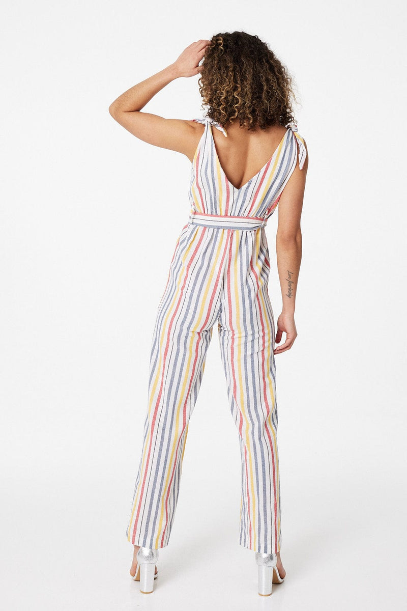 White | Striped Tie Waist Jumpsuit