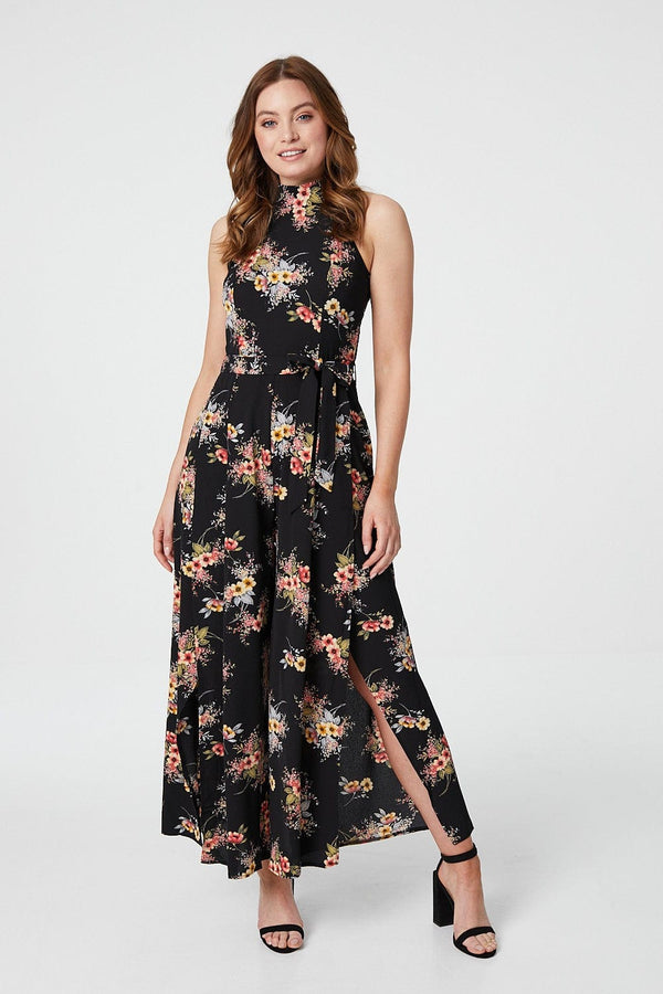 Black | Floral Sleeveless Split Leg Jumpsuit