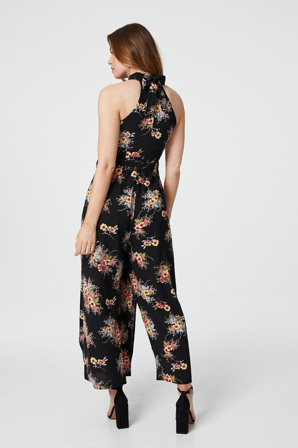 Black | Floral Sleeveless Split Leg Jumpsuit