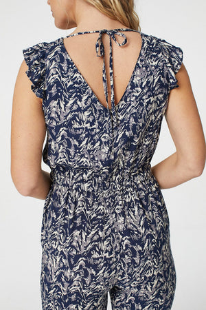 Navy | Marbled Print V-Neck Jumpsuit