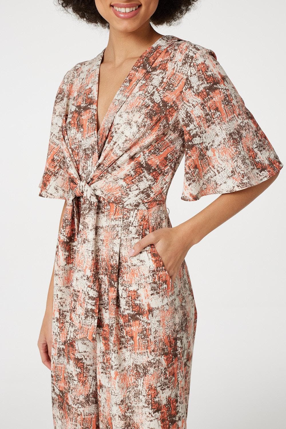 Peach | Abstract Print Tie Front Jumpsuit