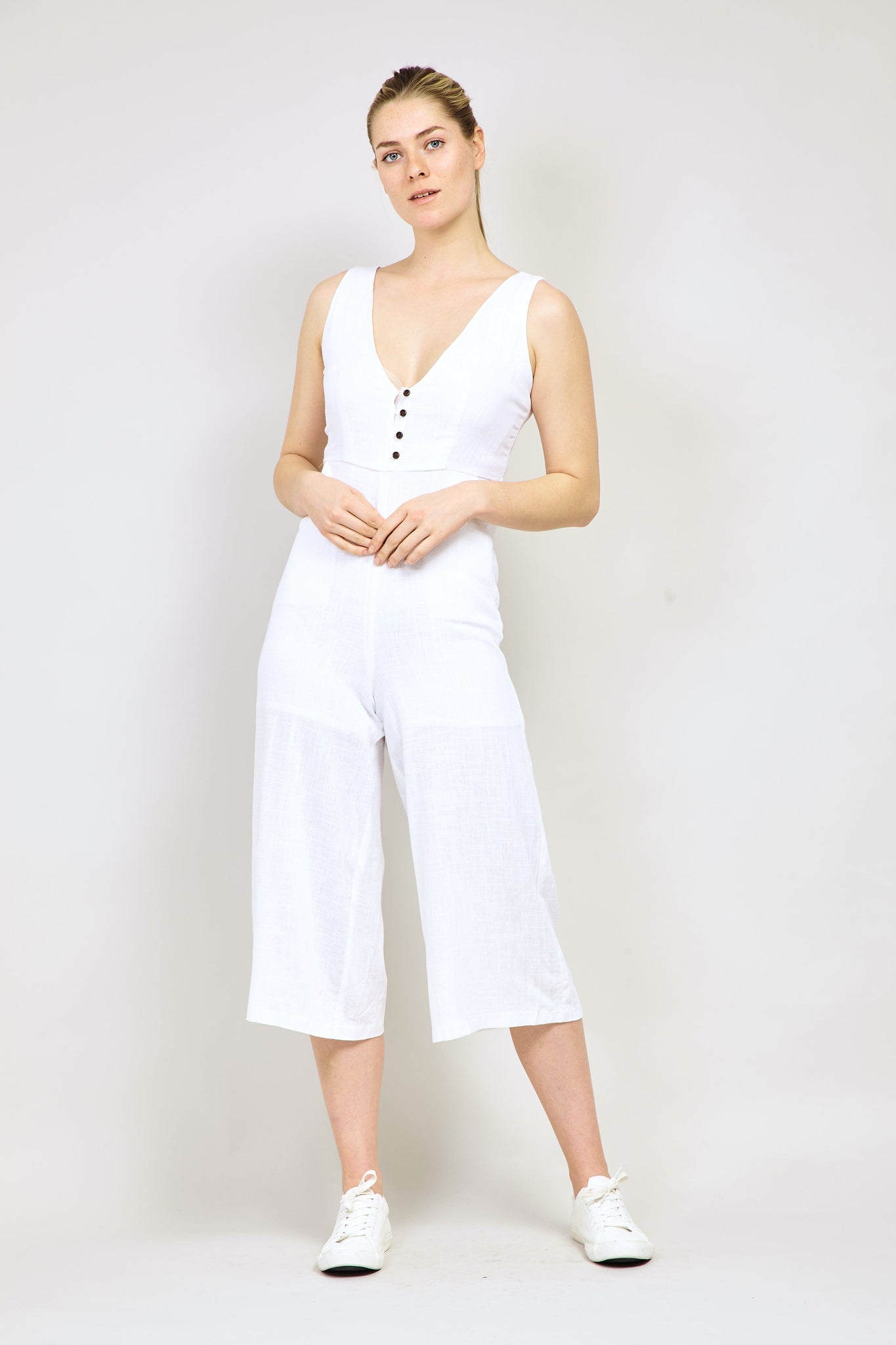White | Button Front Jumpsuit
