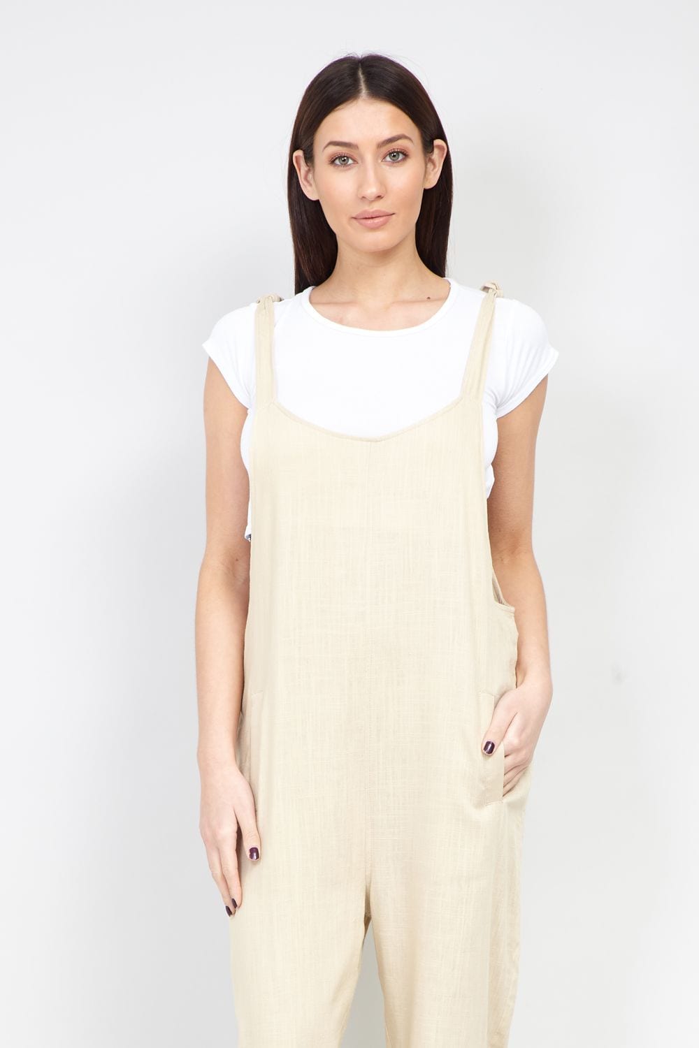 Beige | Tie Shoulder Dungaree Jumpsuit