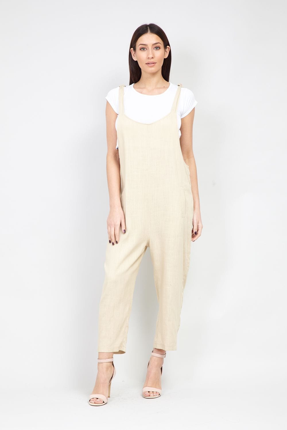 Beige | Tie Shoulder Dungaree Jumpsuit