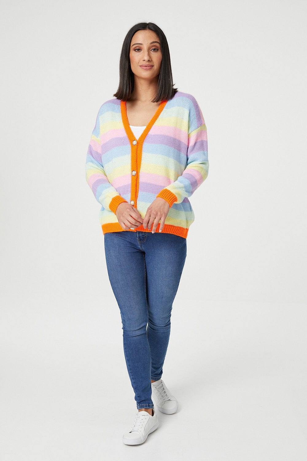 Orange | Striped Button Front Cardigan