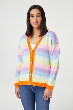 Orange | Striped Button Front Cardigan