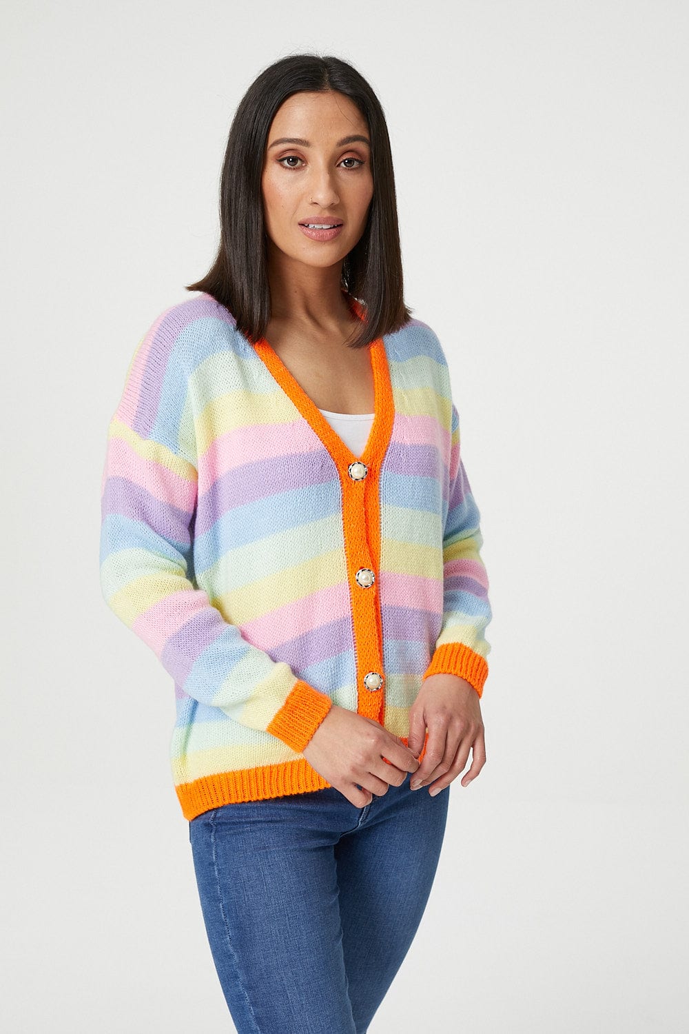 Orange | Striped Button Front Cardigan