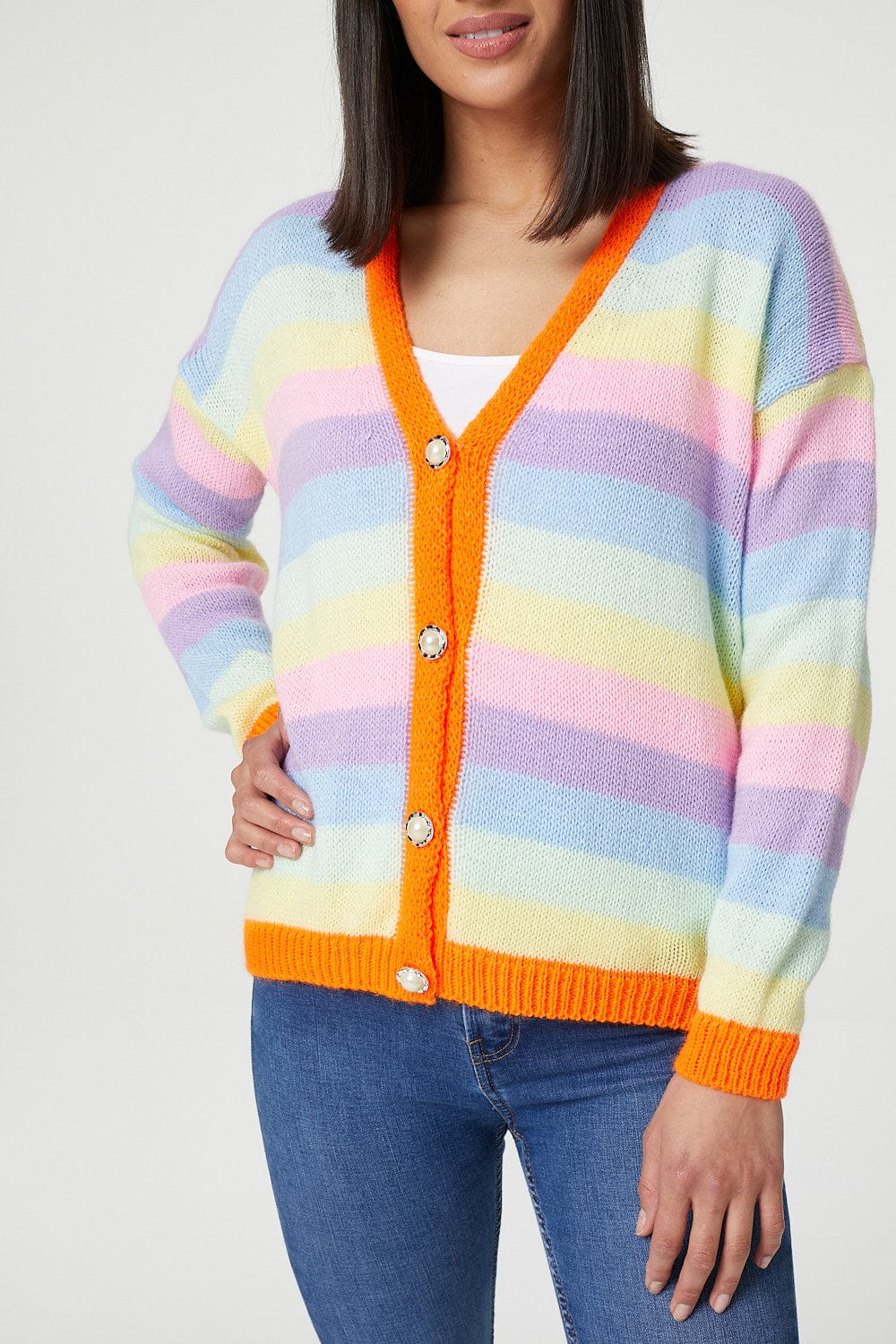 Orange | Striped Button Front Cardigan