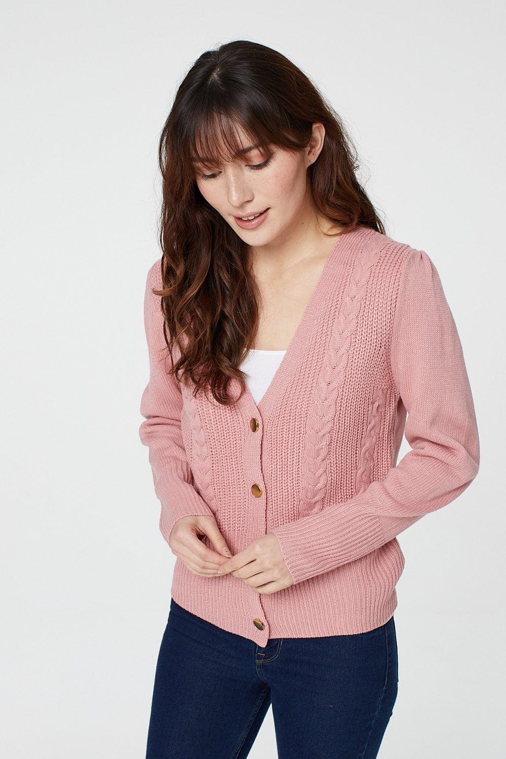 Button Front Cable Knit Cardigan