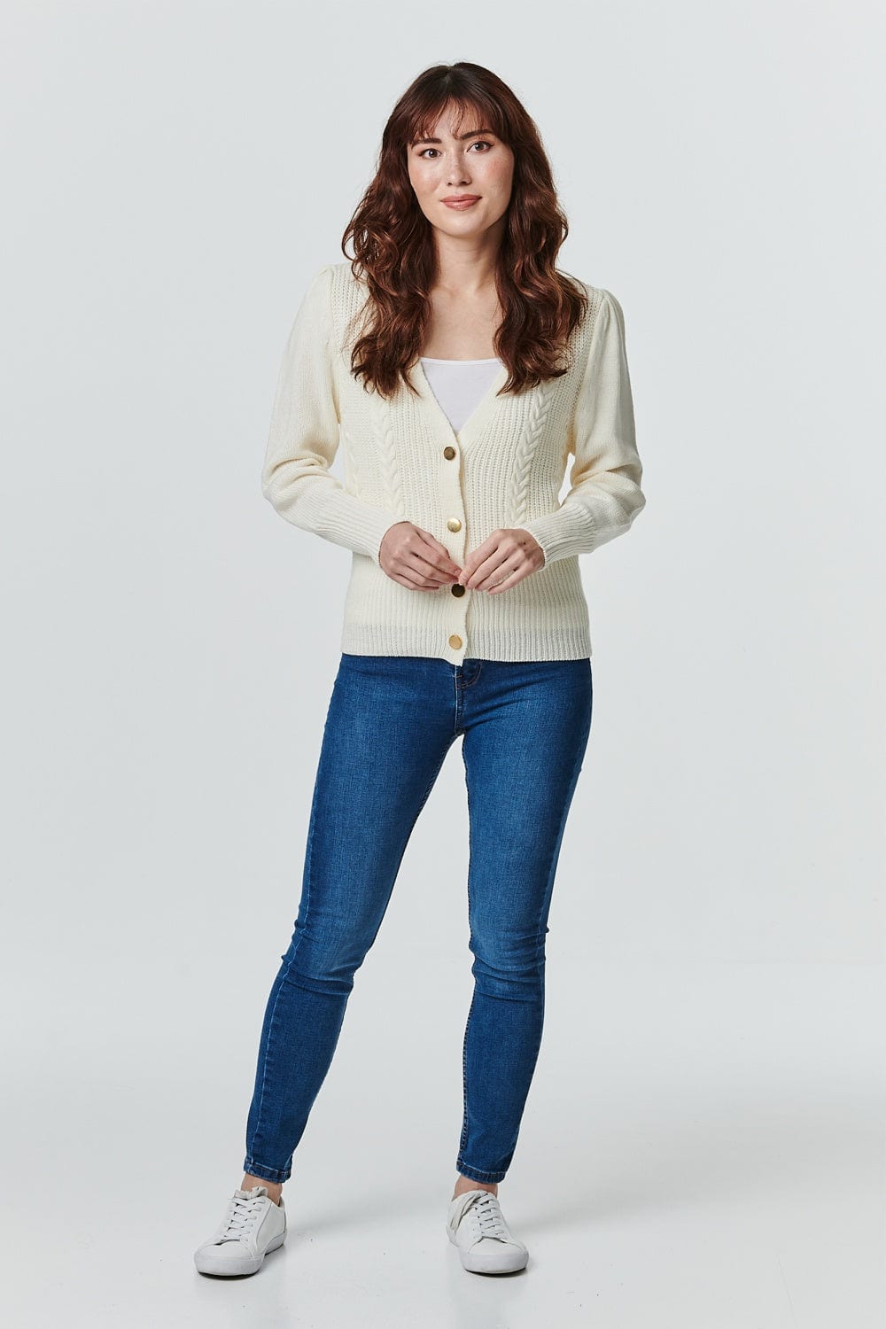 Ivory | Button Front Cable Knit Cardigan