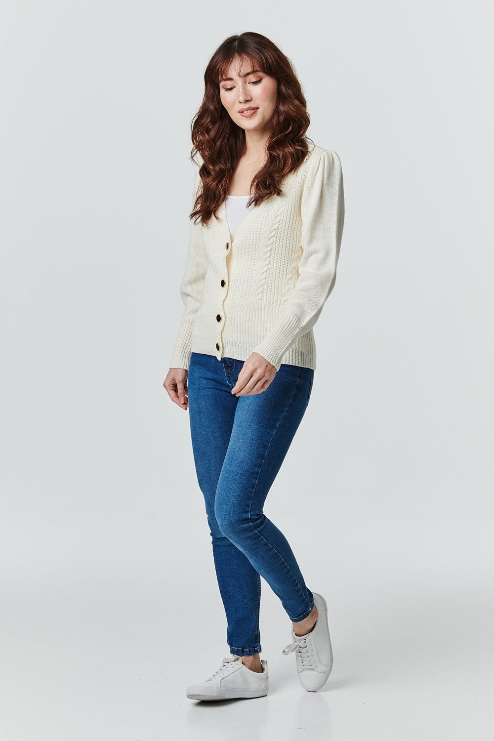 Ivory | Button Front Cable Knit Cardigan