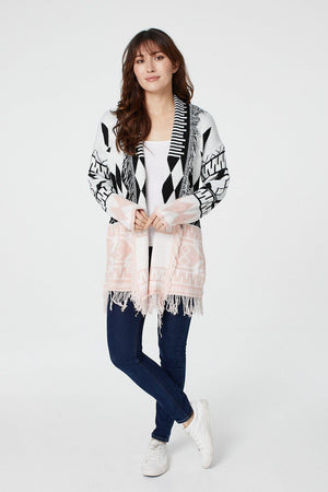 Pink | Nordic Print Fringed Cardigan