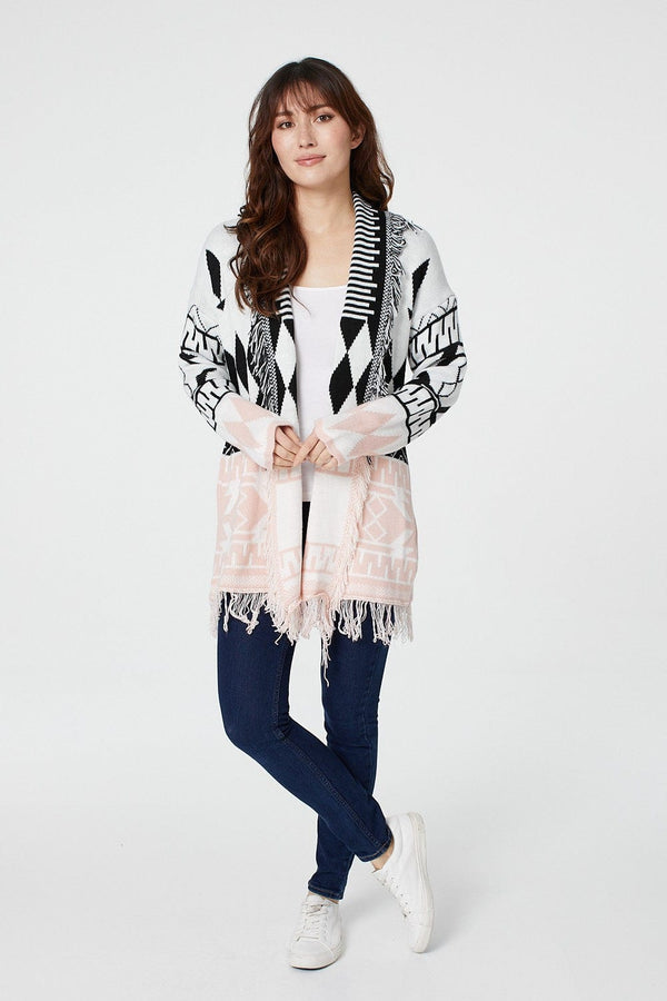 Pink | Nordic Print Fringed Cardigan