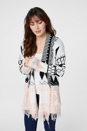 Pink | Nordic Print Fringed Cardigan