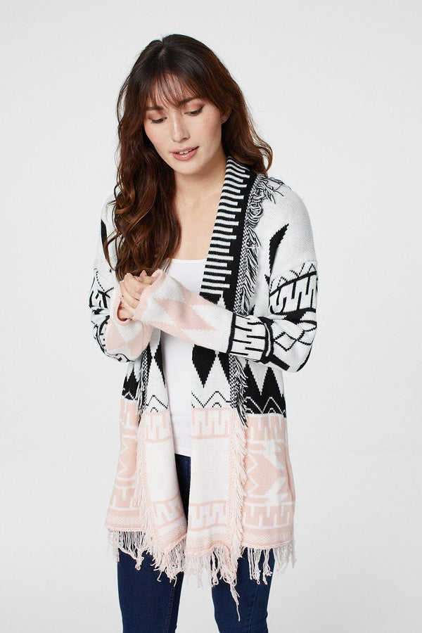 Pink | Nordic Print Fringed Cardigan