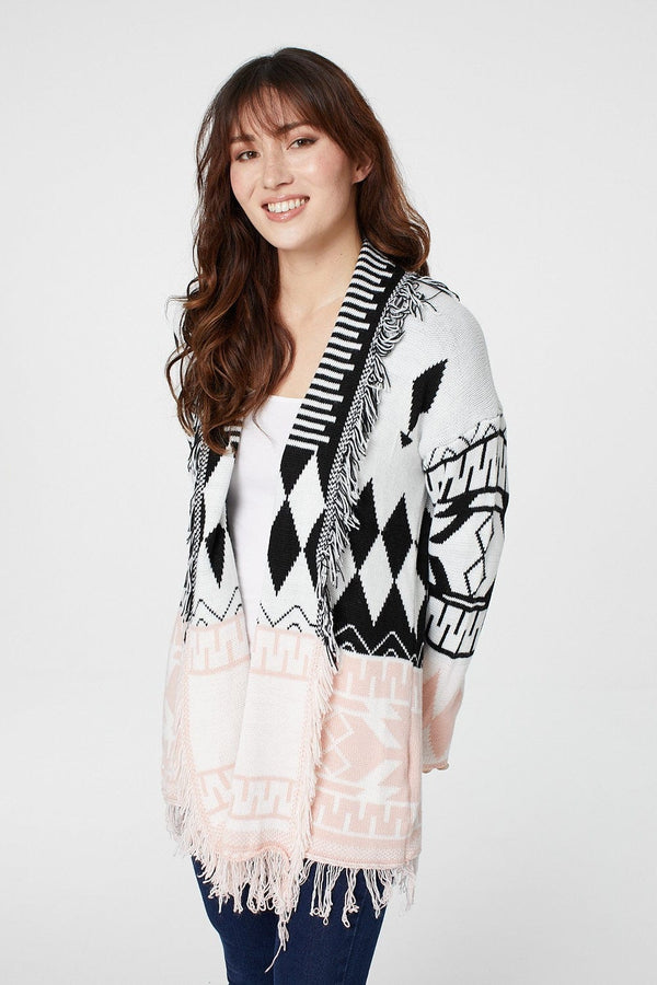 Pink | Nordic Print Fringed Cardigan