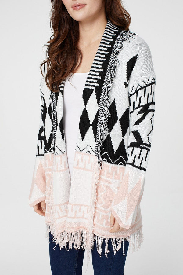 Pink | Nordic Print Fringed Cardigan