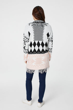 Pink | Nordic Print Fringed Cardigan