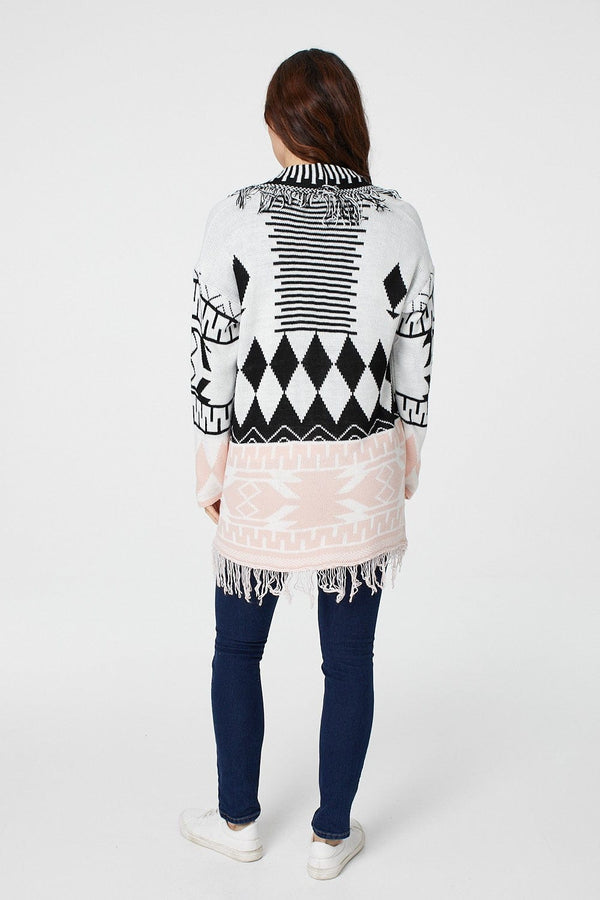 Pink | Nordic Print Fringed Cardigan
