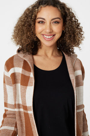Tan | Checked Longline Knit Cardigan