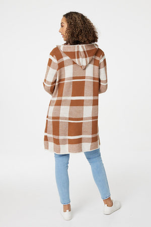 Tan | Checked Longline Knit Cardigan