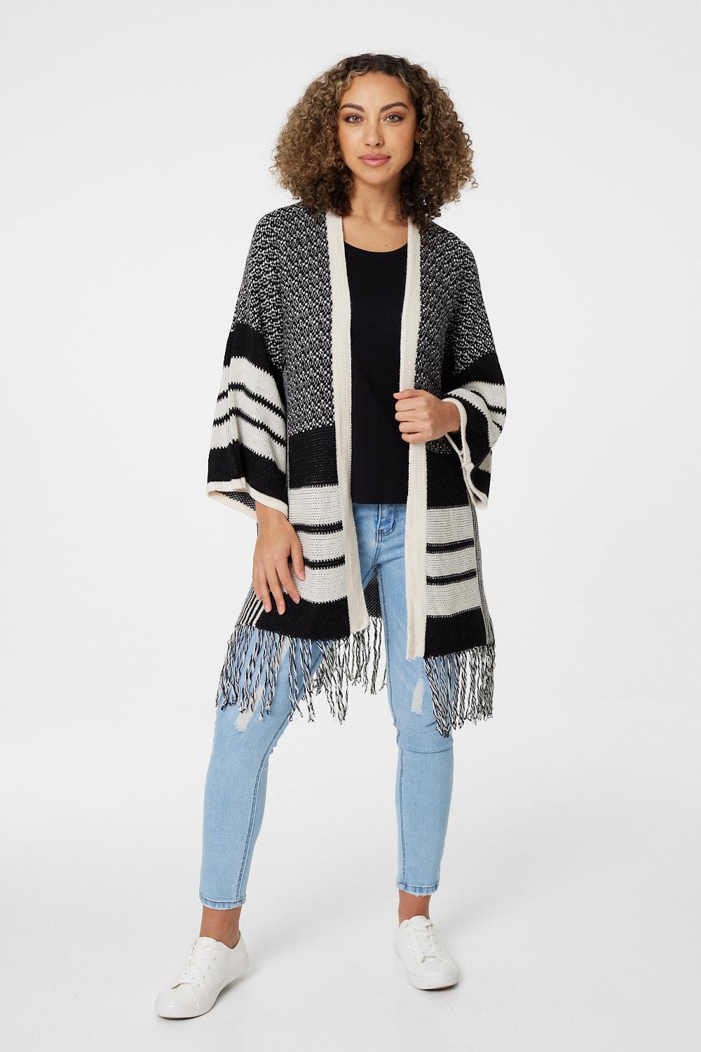 Black And White | Striped Longline Fringed Cardigan