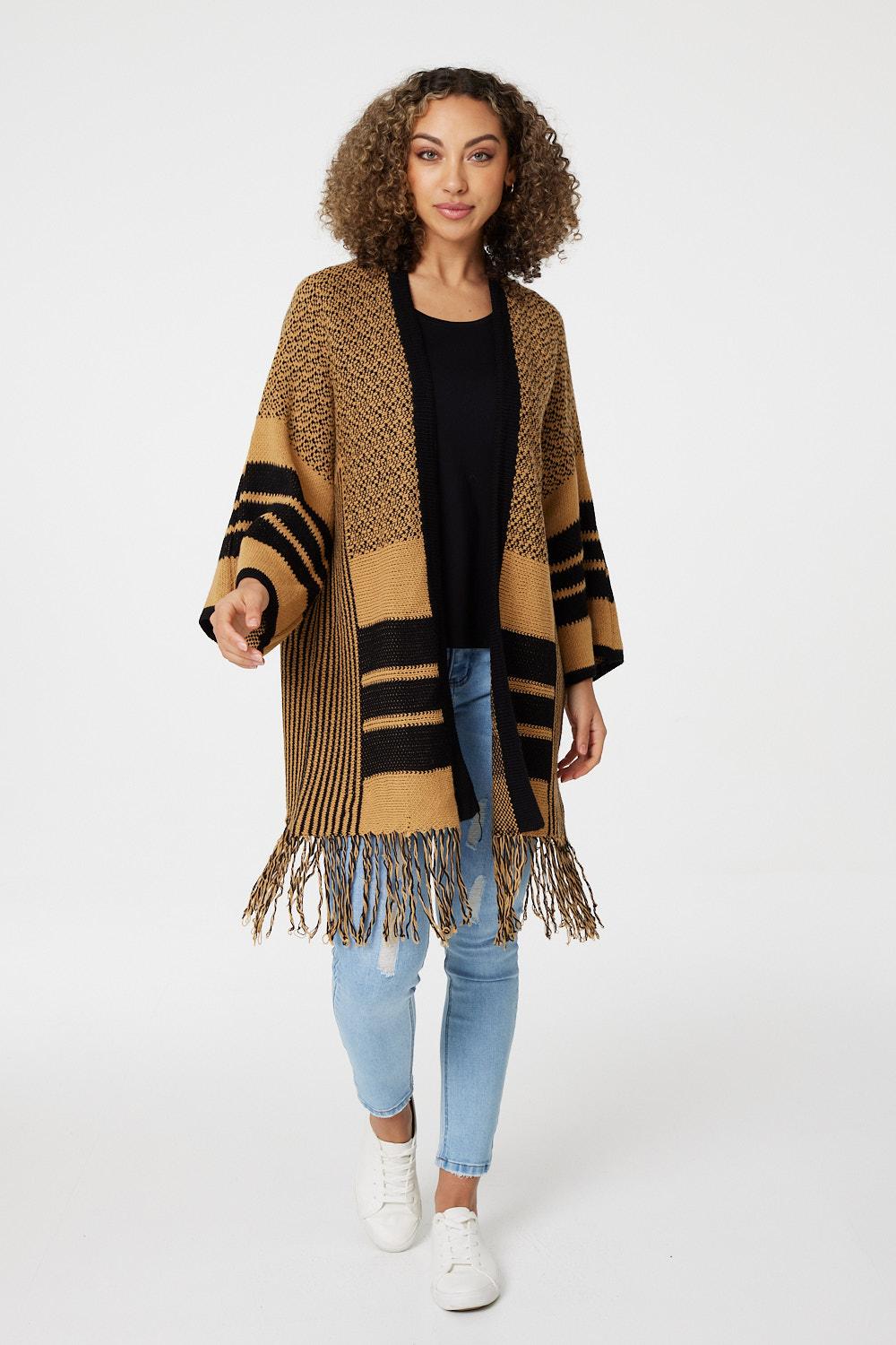 Tan | Striped Longline Fringed Cardigan
