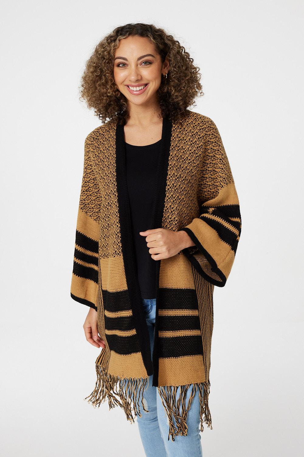 Tan | Striped Longline Fringed Cardigan