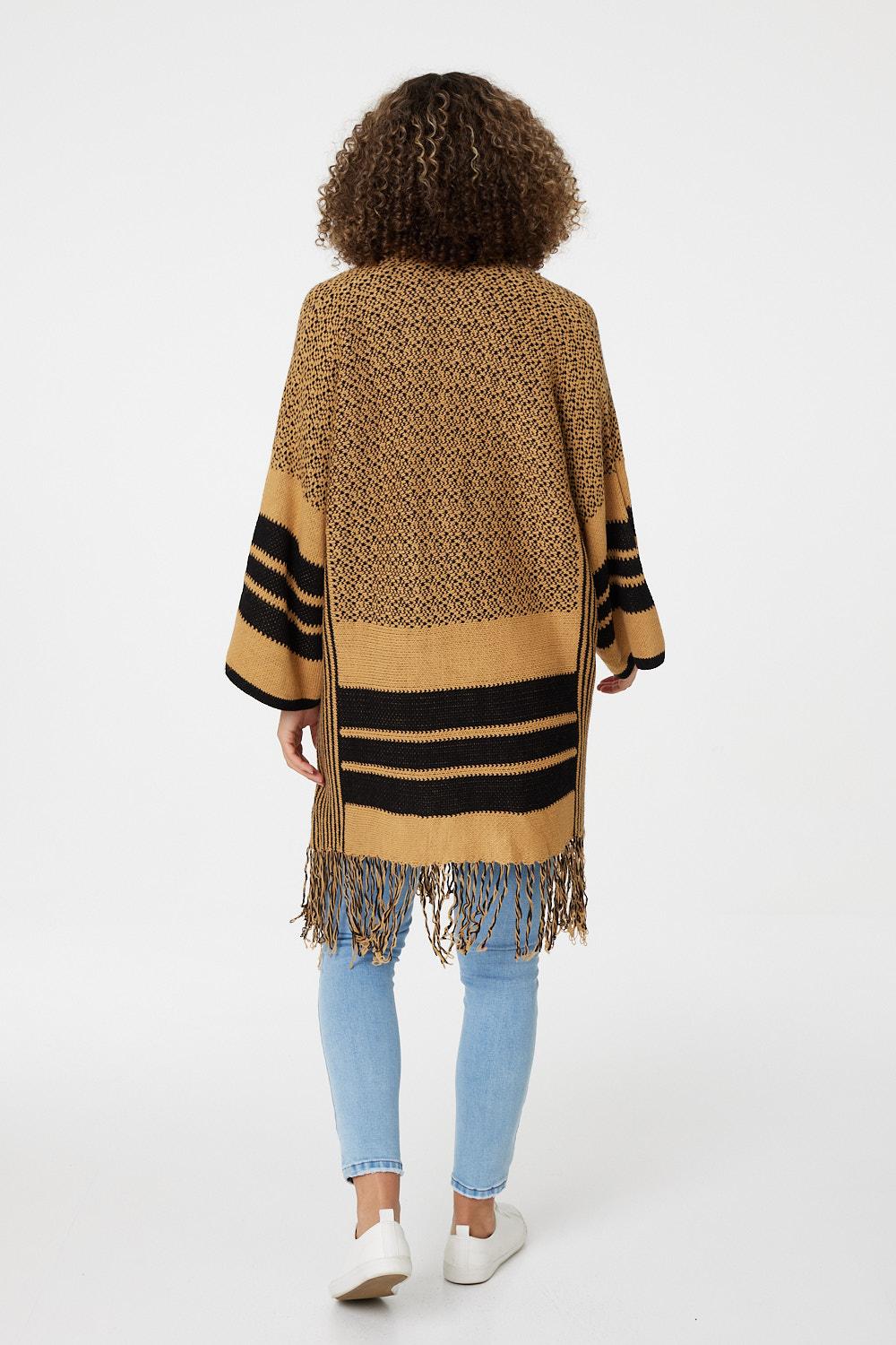 Tan | Striped Longline Fringed Cardigan