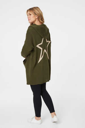 Khaki | Star Print Hooded Knit Cardigan