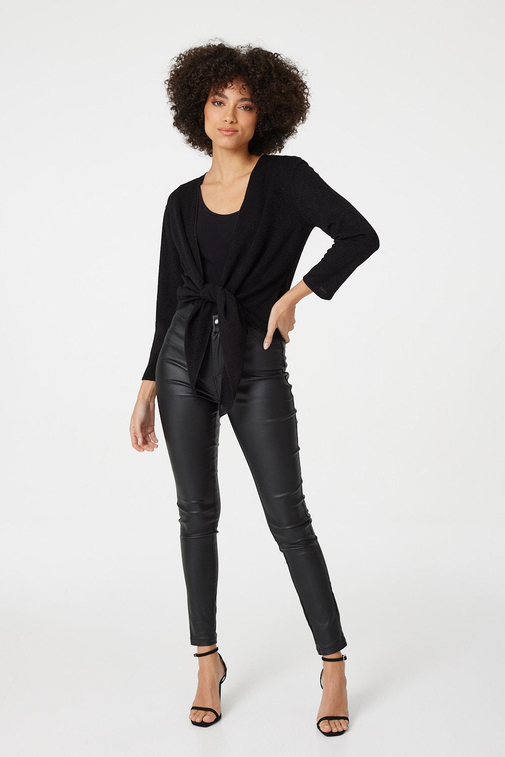 Black | Tie Front Cropped Knit Cardigan