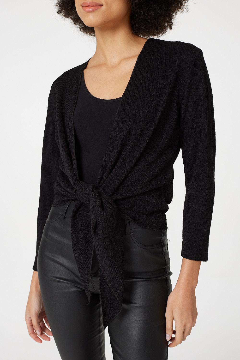 Black | Tie Front Cropped Knit Cardigan