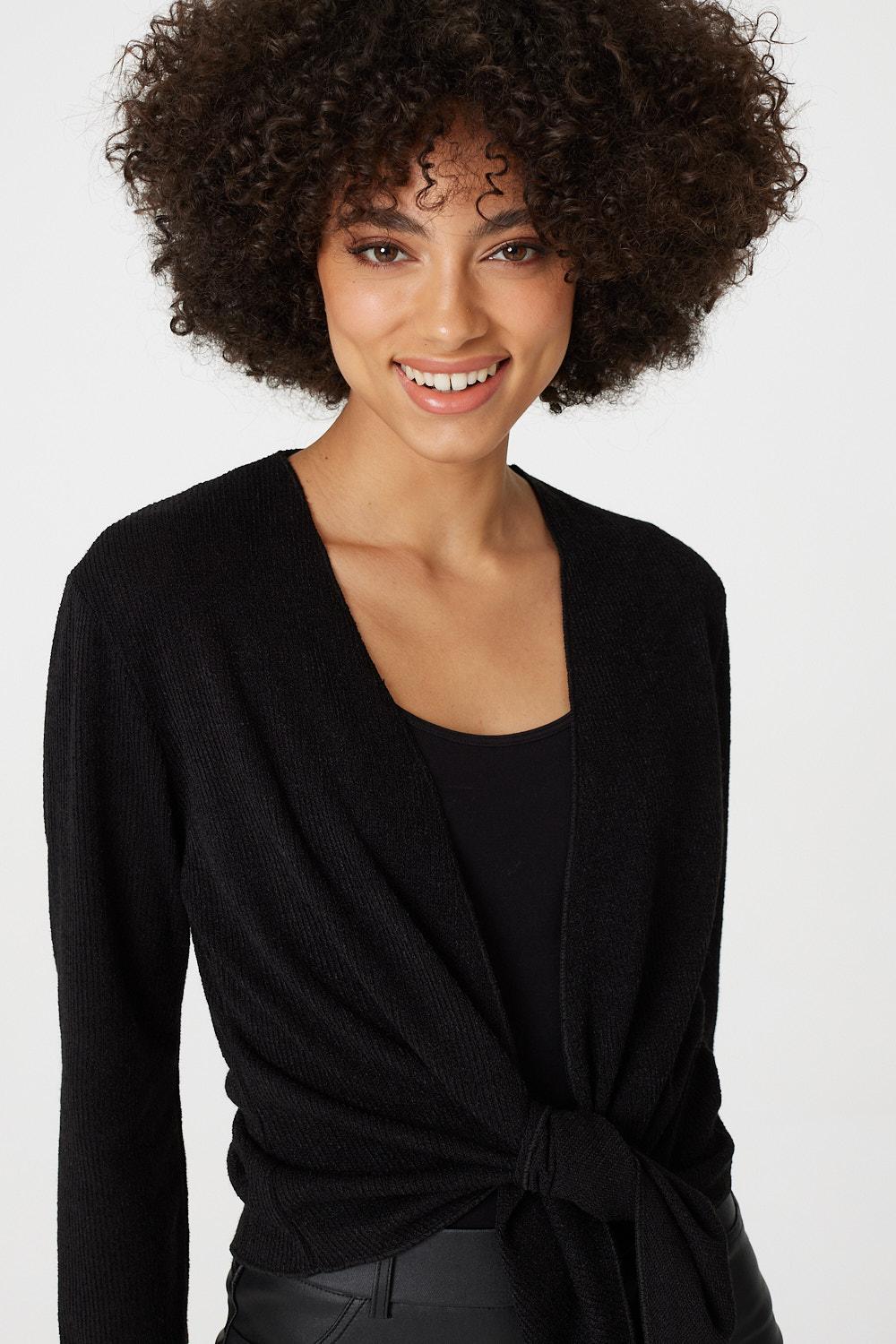 Black | Tie Front Cropped Knit Cardigan