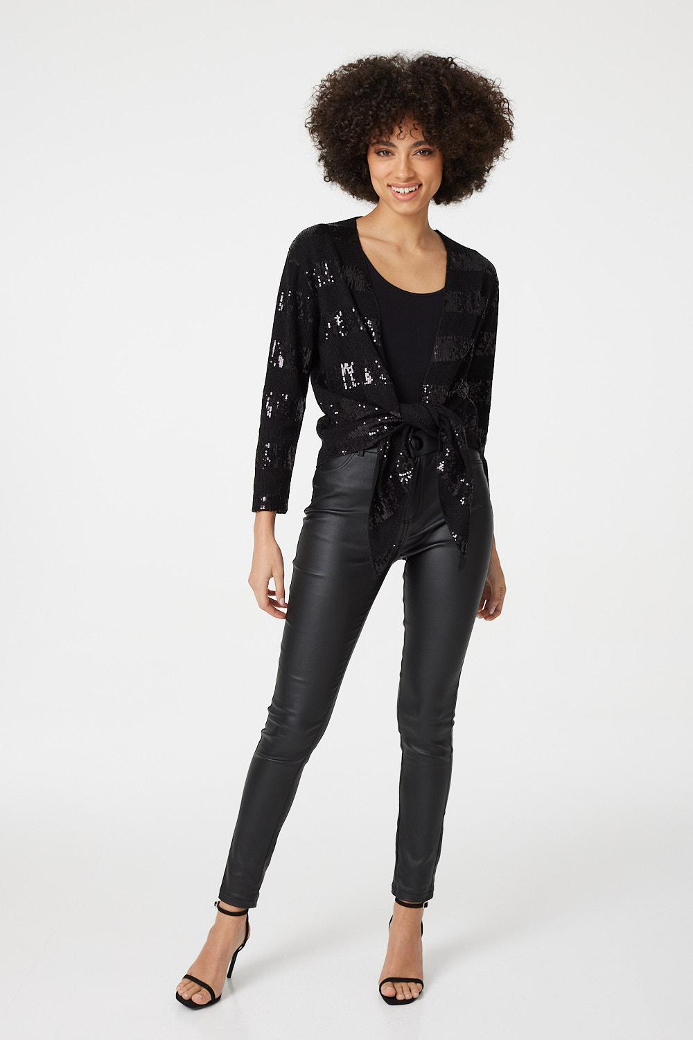 Black | Sequin Tie Front Knit Cardigan