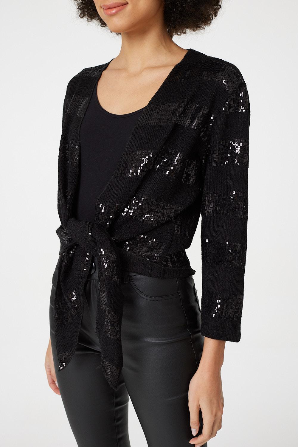 Black | Sequin Tie Front Knit Cardigan
