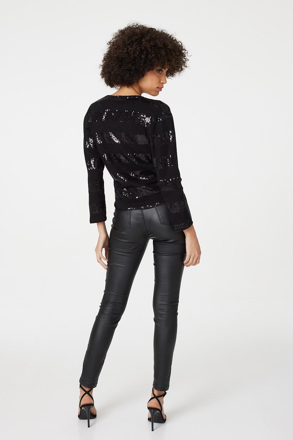 Black | Sequin Tie Front Knit Cardigan
